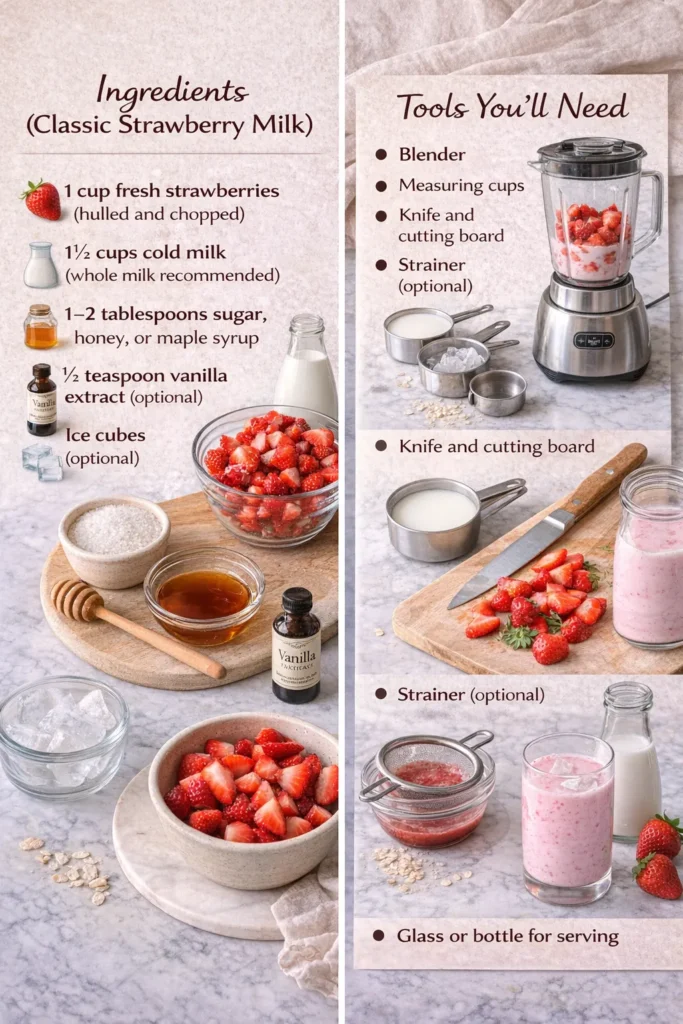 Classic Strawberry Milk Ingredients And Tools