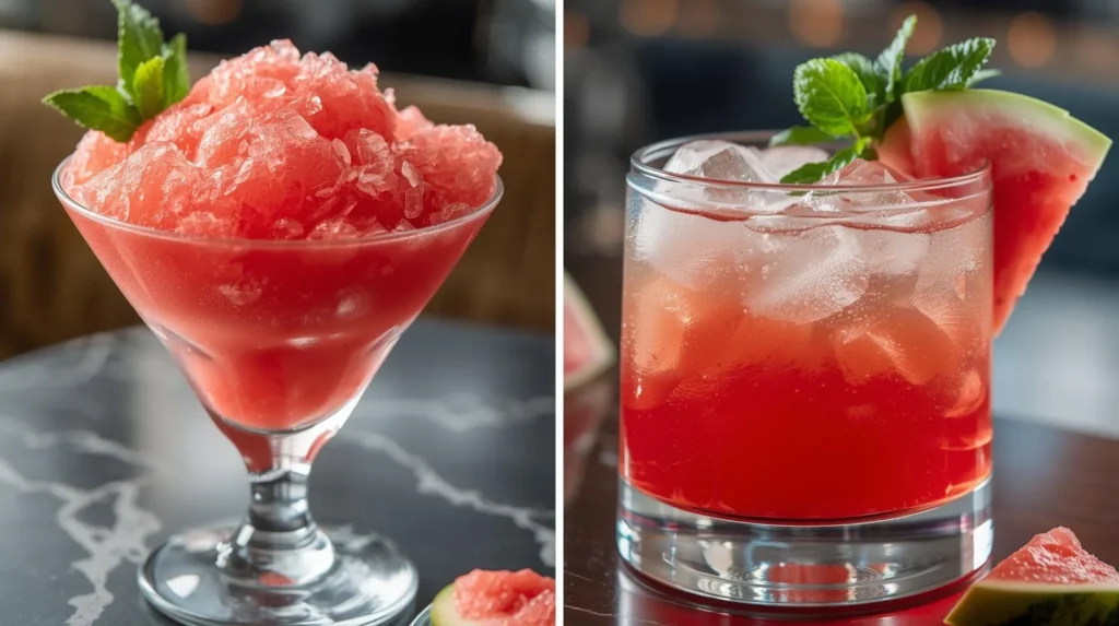 Frozen Watermelon Slush Sparkling Watermelon Cooler  2 Layout Restaurant Serve Style Closeup Modern Glass Or Bowl