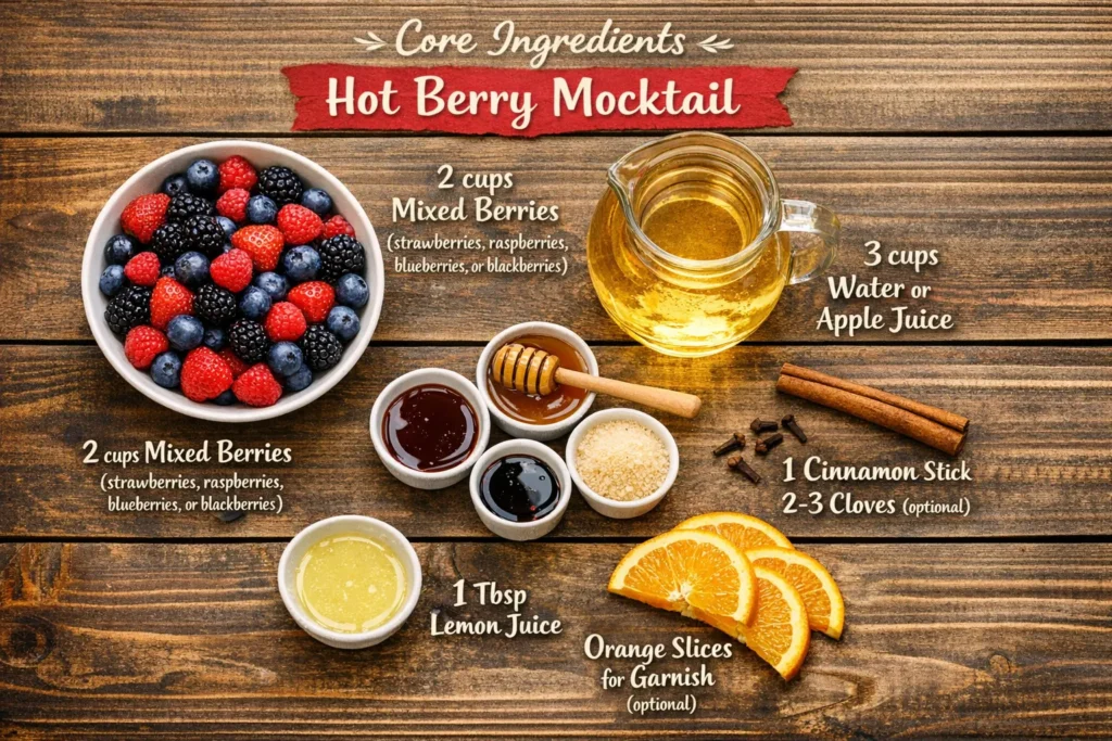 Hot Berry Mocktail Ingredients Flat Lay