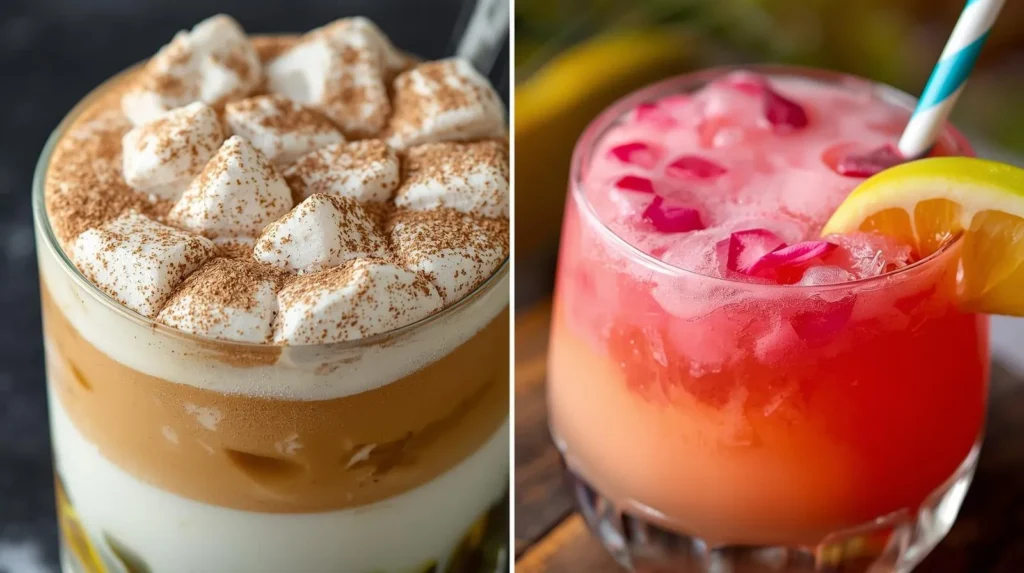 Iced Coconut Latte Style Tropical Pink Drink  2 Layout Restaurant Serve Style Closeup Modern Glass Or Bowl