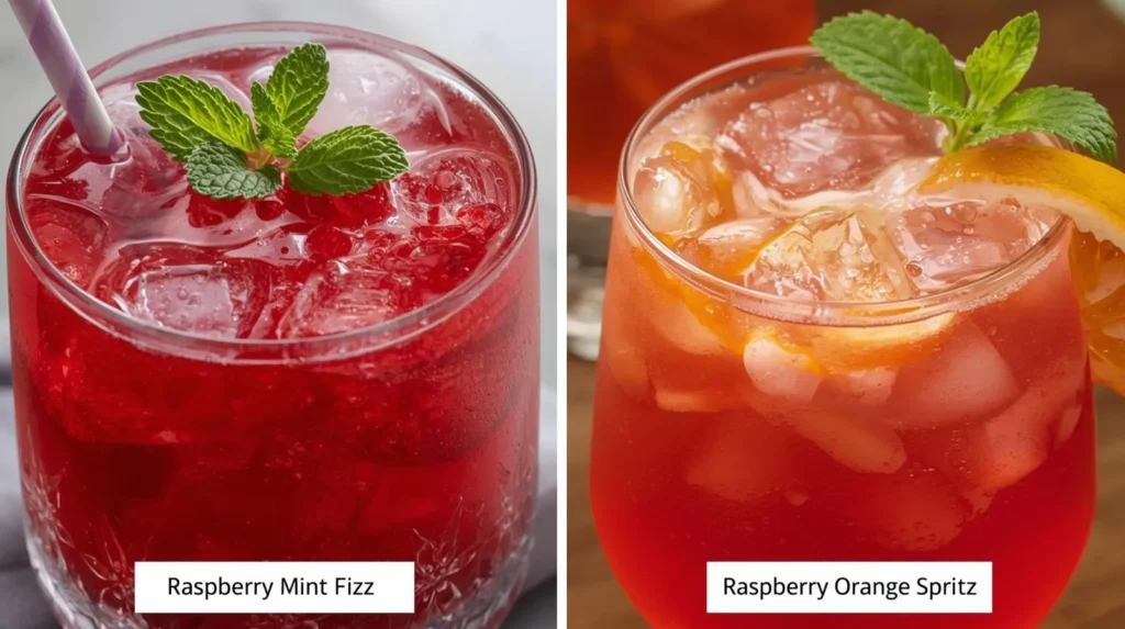 Raspberry Mint Fizz Raspberry Orange Spritz  2 Layout Restaurant Serve Style Closeup Modern Glass Or Bowl