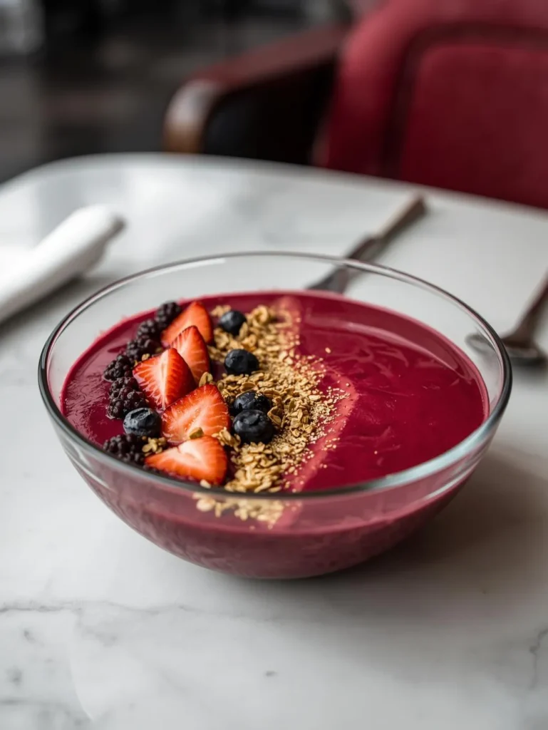 Red Velvet Smoothie Bowl Restaurant Serve Style Closeup Modern Glass Or Bowl Modern Table