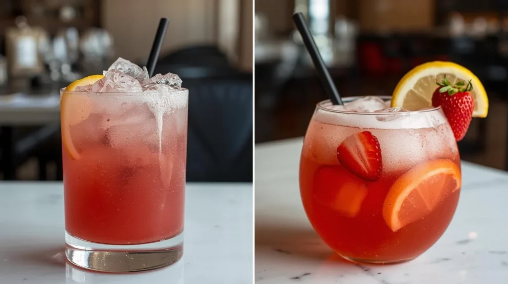 Sparkling Strawberry Rose Lemonade Strawberry Coconut Lemonade  2 Layout Restaurant Serve Style Closeup Modern Glass Or Bowl 1