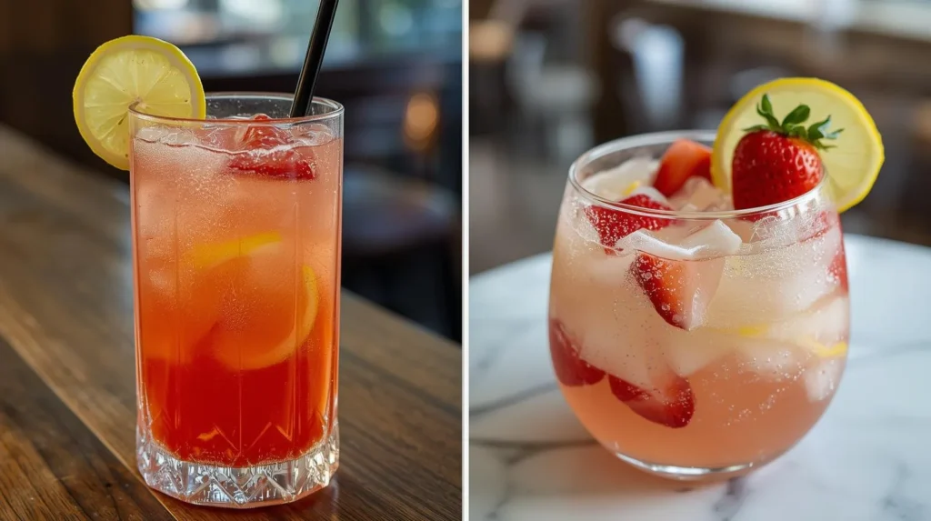 Sparkling Strawberry Rose Lemonade Strawberry Coconut Lemonade  2 Layout Restaurant Serve Style Closeup Modern Glass Or Bowl