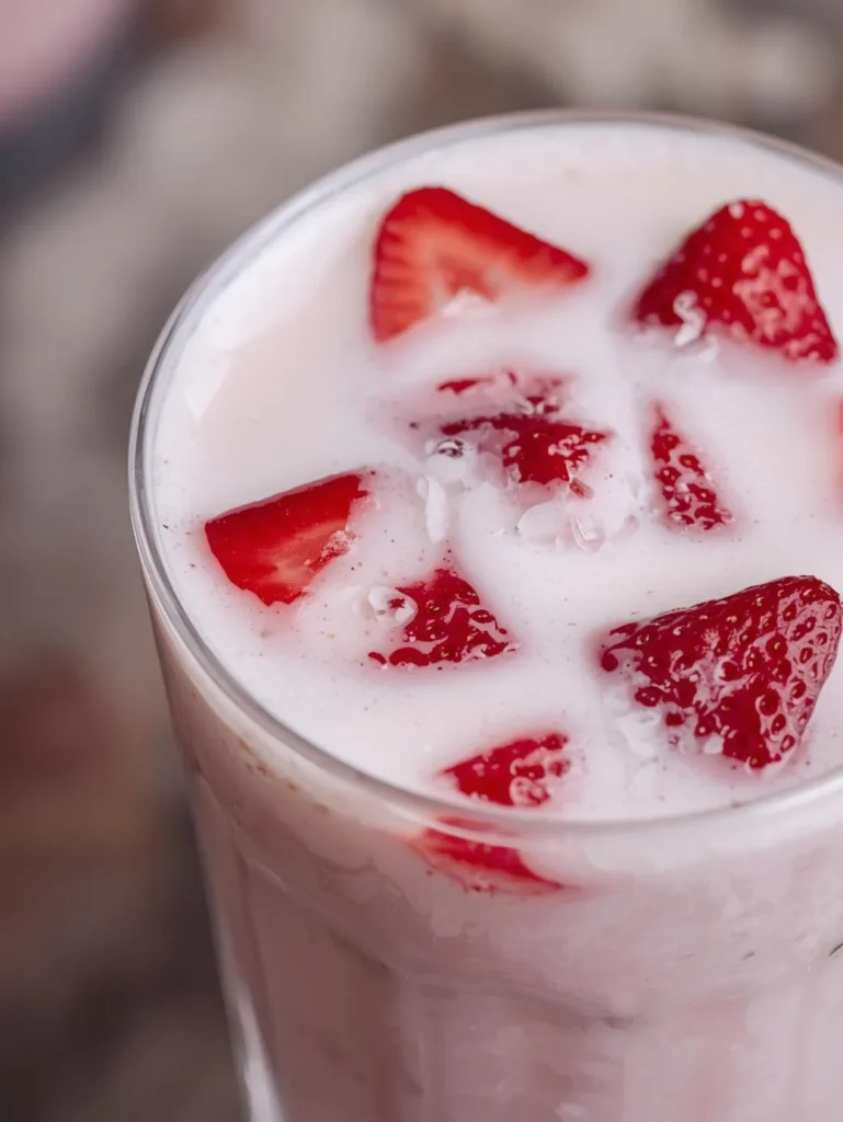 Strawberry Oat Milk Plant Based Resturent Serve Style Closeup Mordern Style